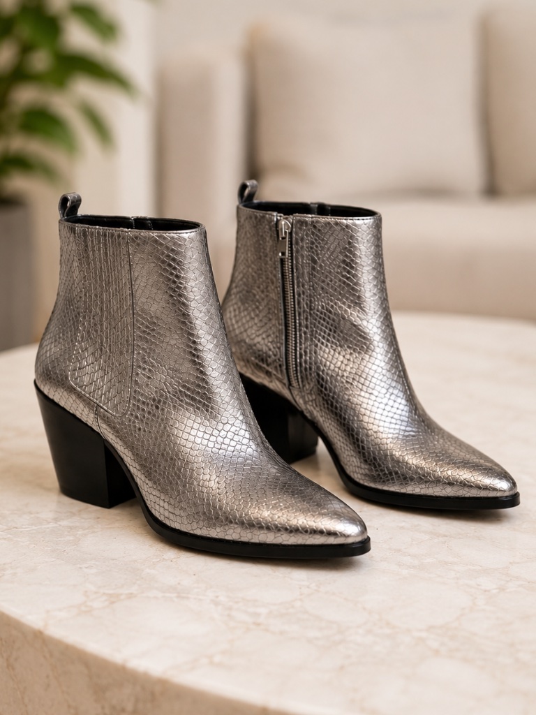 Michael Michael Kors Sinclair Metallic Embossed Silver Leather Ankle Boot 6